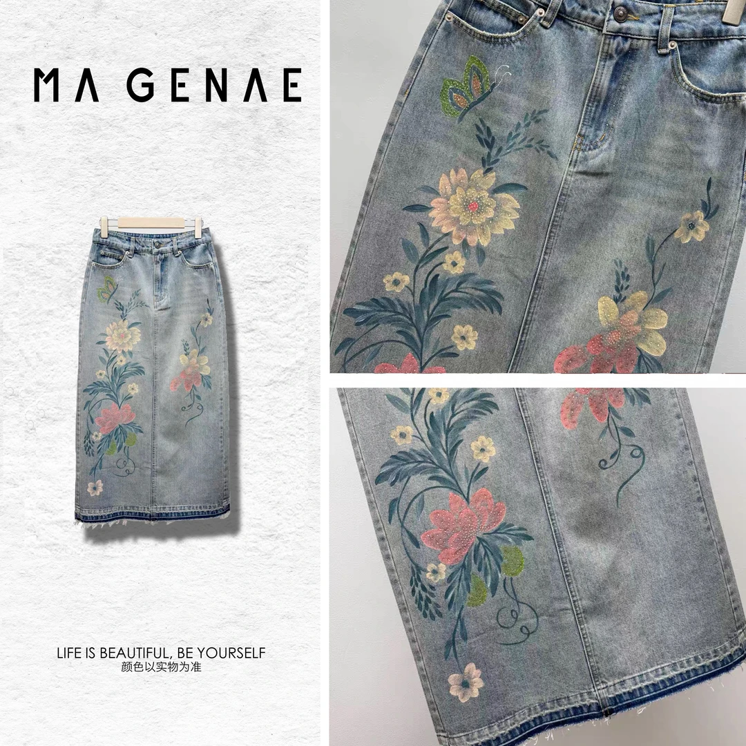 MAGENAE【春花裙】手绘设计师款新中式高级穿搭单品牛仔半裙SR154