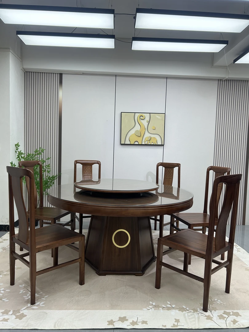 新中式乌金木全实木餐桌椅组合现代简约中式家用圆形带转盘餐桌
