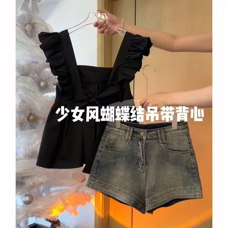 韩系甜辣风套装纯欲辣妹蝴蝶结小飞袖吊带衬衫上衣牛仔短裤两件套