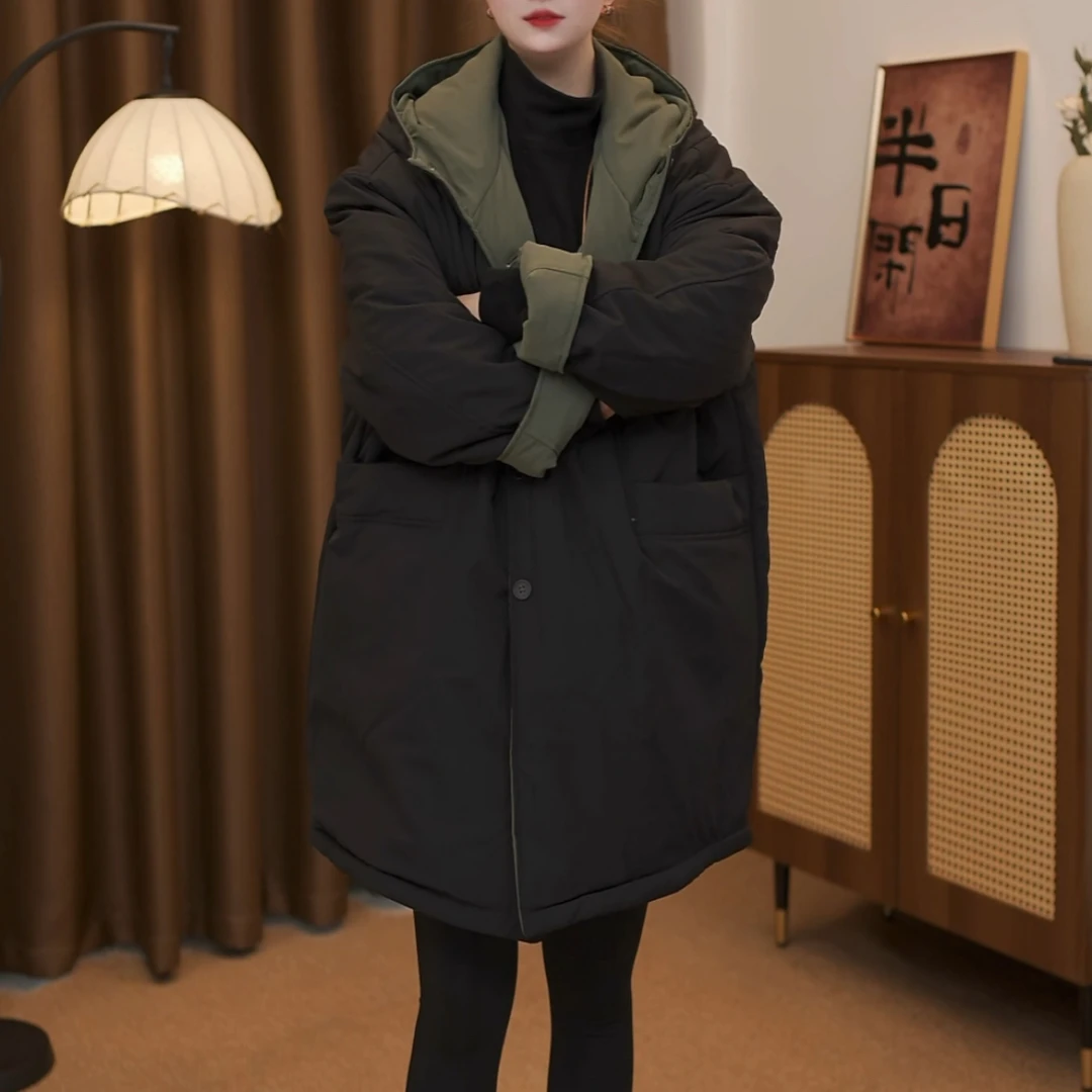 冬季新款中长款加厚保暖连帽两面穿宽松显瘦时尚休闲棉服85083