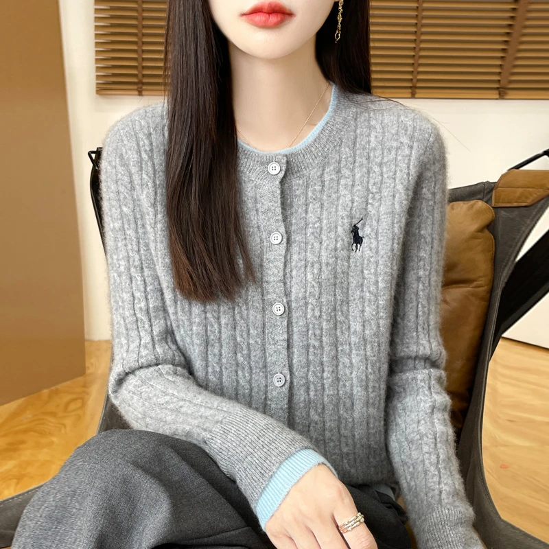 美者颜如玉~假两件扭花羊毛开衫女针织外套毛衣新款羊毛衫女款