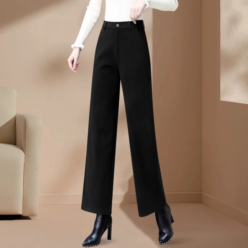 毛呢妈妈阔腿裤女秋冬小个子2025新款加绒加厚九分窄版直筒呢子裤