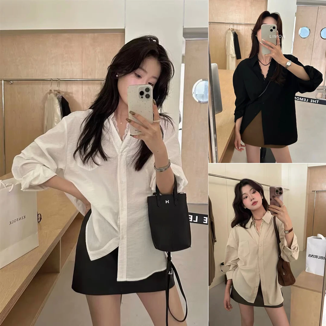 微胖大码氛围感甜美蕾丝拼接v领纯色衬衫春季显瘦叠搭别致上衣女