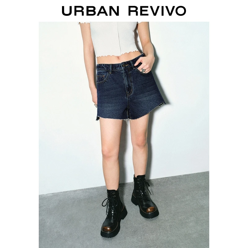 UR2025夏季新款女装欧若风复古休闲洗水蓝色牛仔短裤UYY850099