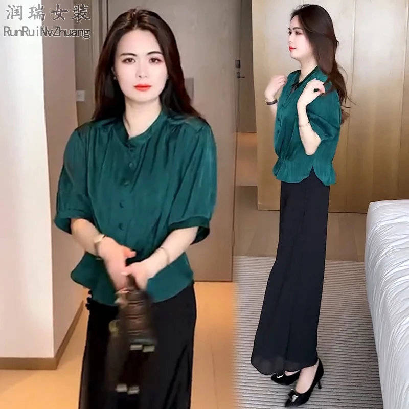 时尚夏季套装女2025新款减龄短袖衬衫洋气阔腿裤裙妈妈显瘦两件套