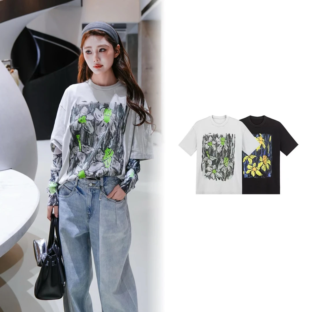 【0215】2025春季新品花朵印花宽松休闲圆领短袖T恤女