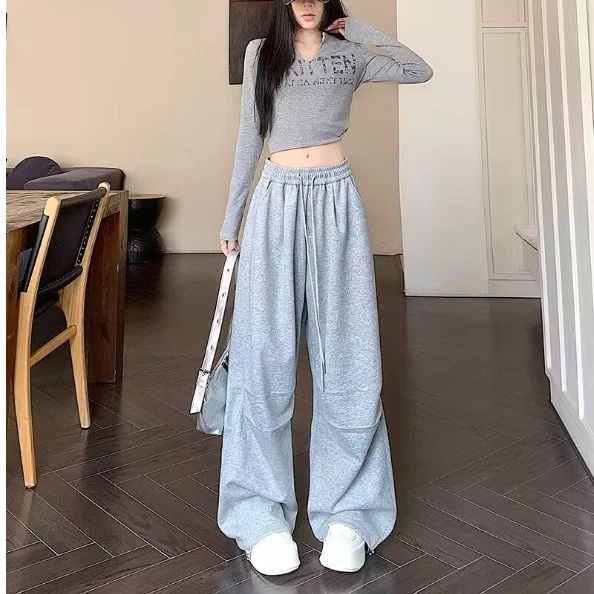 美式灰色运动卫裤女春秋2025新款高腰直筒宽松休闲工装阔腿裤