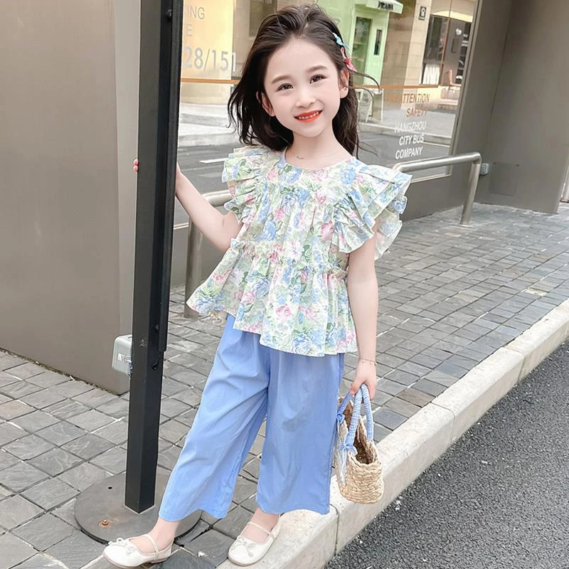 女童夏装套装2025新款女宝木耳碎花洋气花边夏季清凉阔腿裤两件套