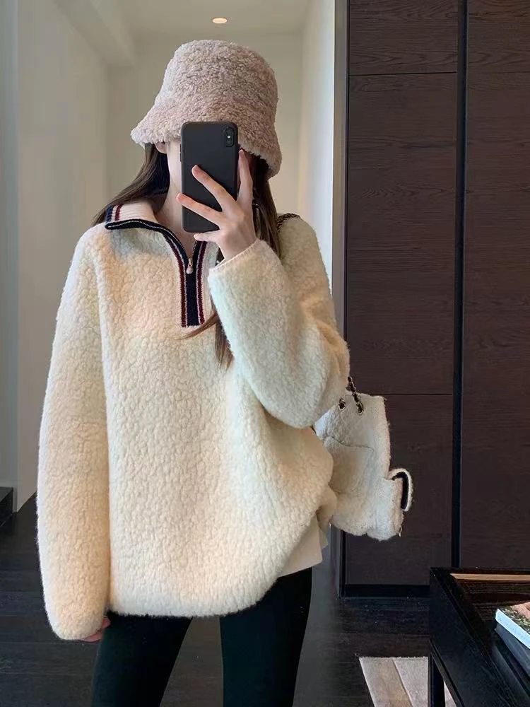 氛围感 高品质圈圈托卡保暖撞色领半拉链毛衣女秋冬新款8429