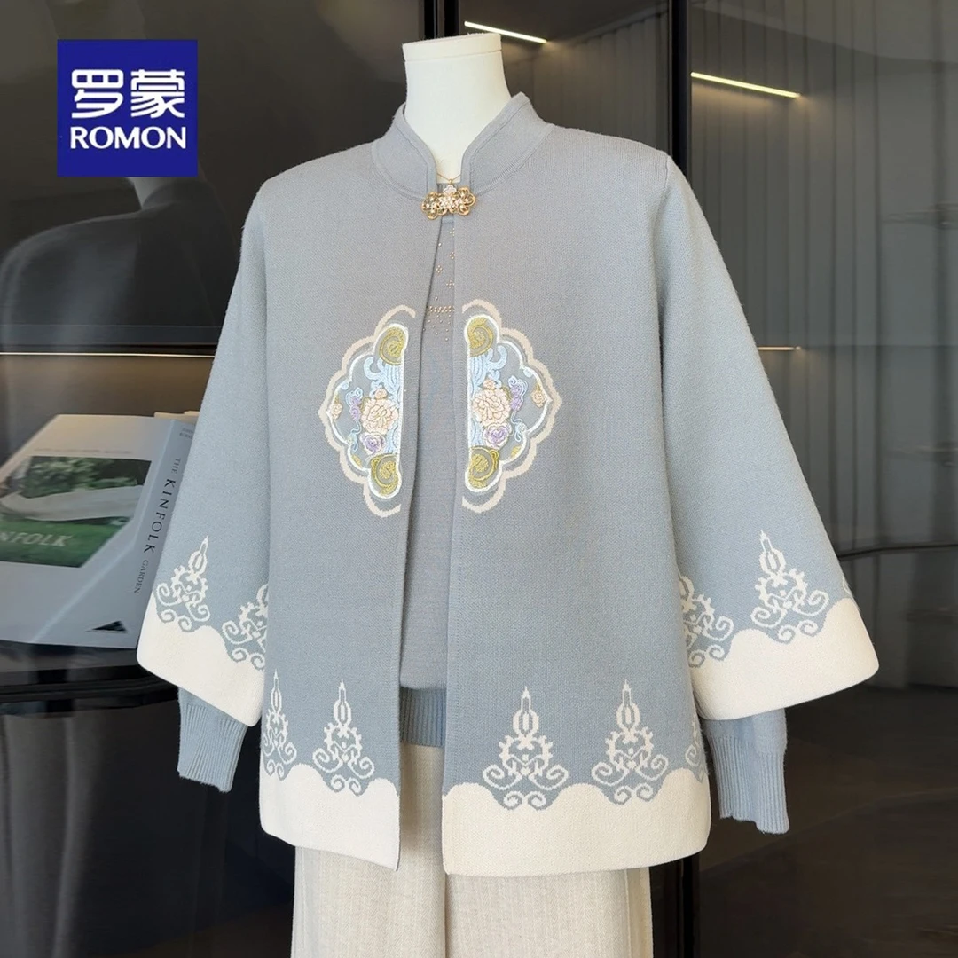 罗蒙国风中老年婆婆针织衫女套装2025新款妈妈秋装休闲毛衣两件套
