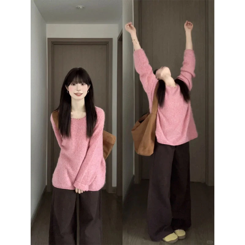 慵懒风粉色长袖毛衣女秋季设计感宽松显瘦百搭针织衫上衣直筒裤子