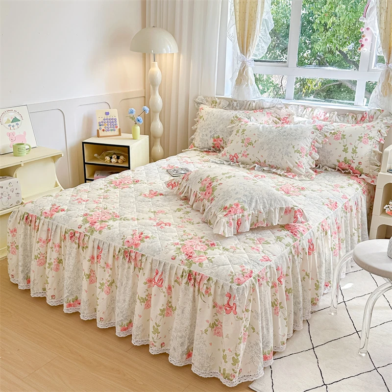全棉印花床裙床罩单件夹棉床套纯棉防滑床单裙式床盖保护套三件套