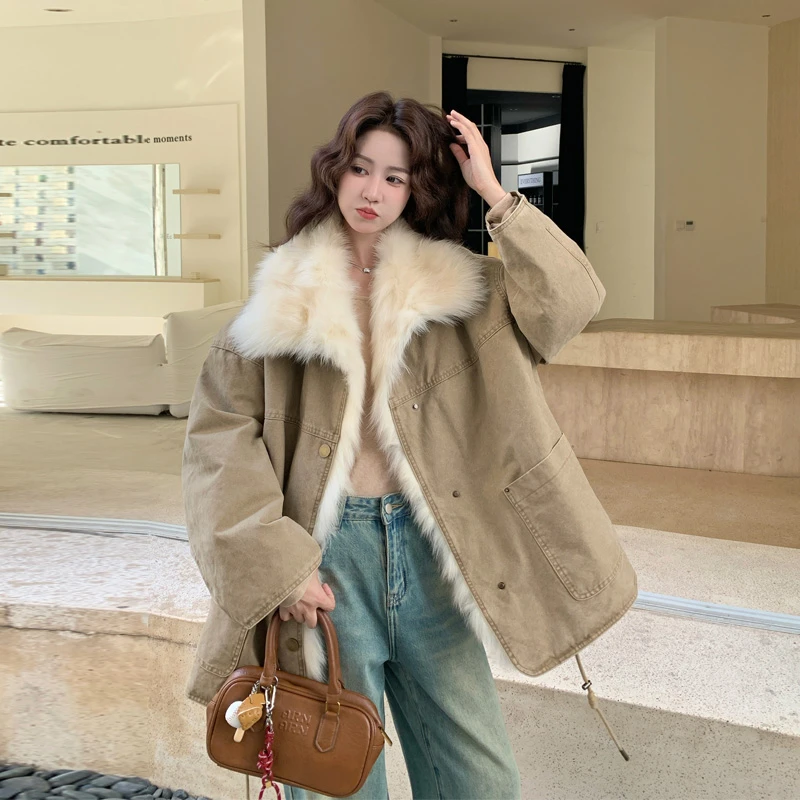 复古牛仔拼接羽绒服女2025冬季新款氛围感可拆卸毛毛90白鸭绒外套