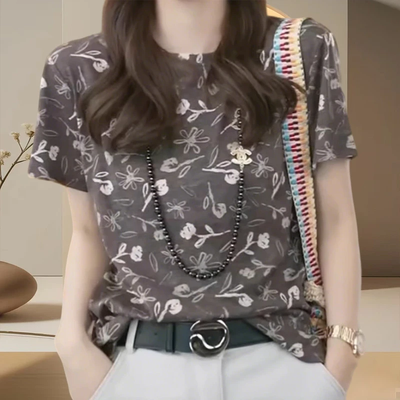 宽松休闲女士t恤短袖网红洋气炸街女装小众设计感碎花复古上衣女