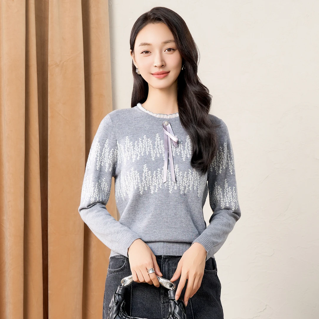 春竹~2024新款100%纯羊毛衫设计师简约时尚遮肉显瘦女套衫雅丹风