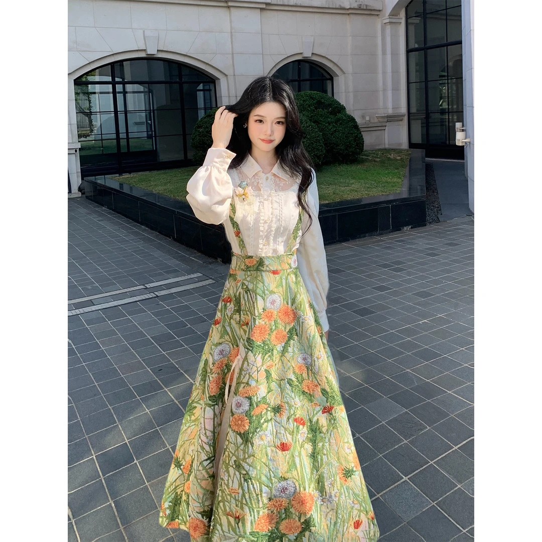 梦境边缘 油画氛围感法式重工复古高腰显瘦背带长裙秋季