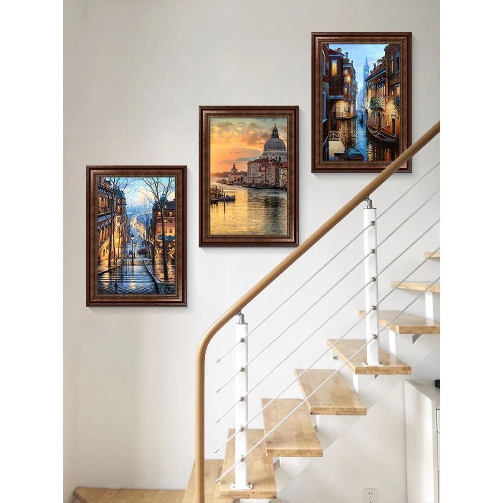 别墅楼梯间三联美式油画客厅装饰画走廊过道欧式壁画复式街道614