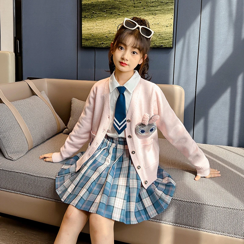 兔子警官朱迪格子百褶裙三件套装女童秋冬JK新款儿童洋气针织外套