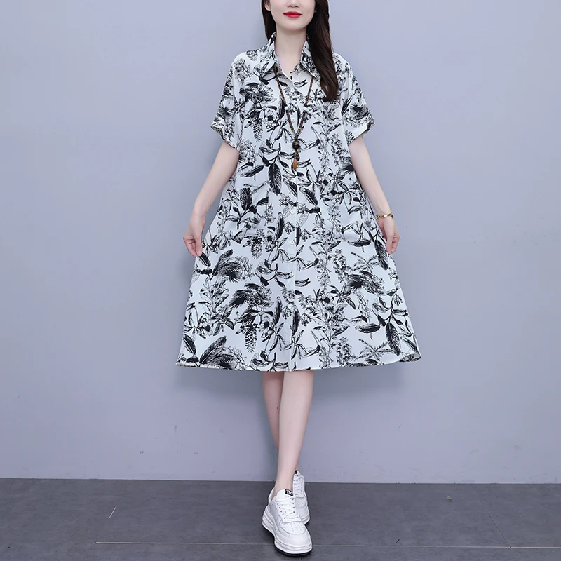 2025夏季休闲宽松遮肚大码女装连衣裙印花中长款洋气显瘦衬衫裙子