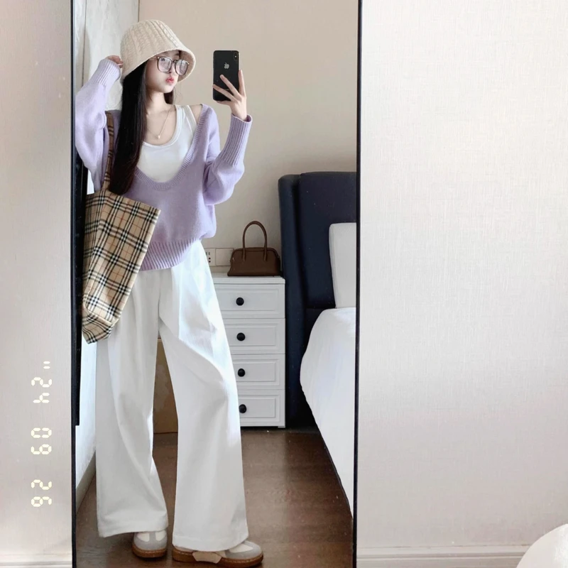 秋季穿搭一整套大码胖mm针织衫背心阔腿裤韩系温柔减龄三件套装女