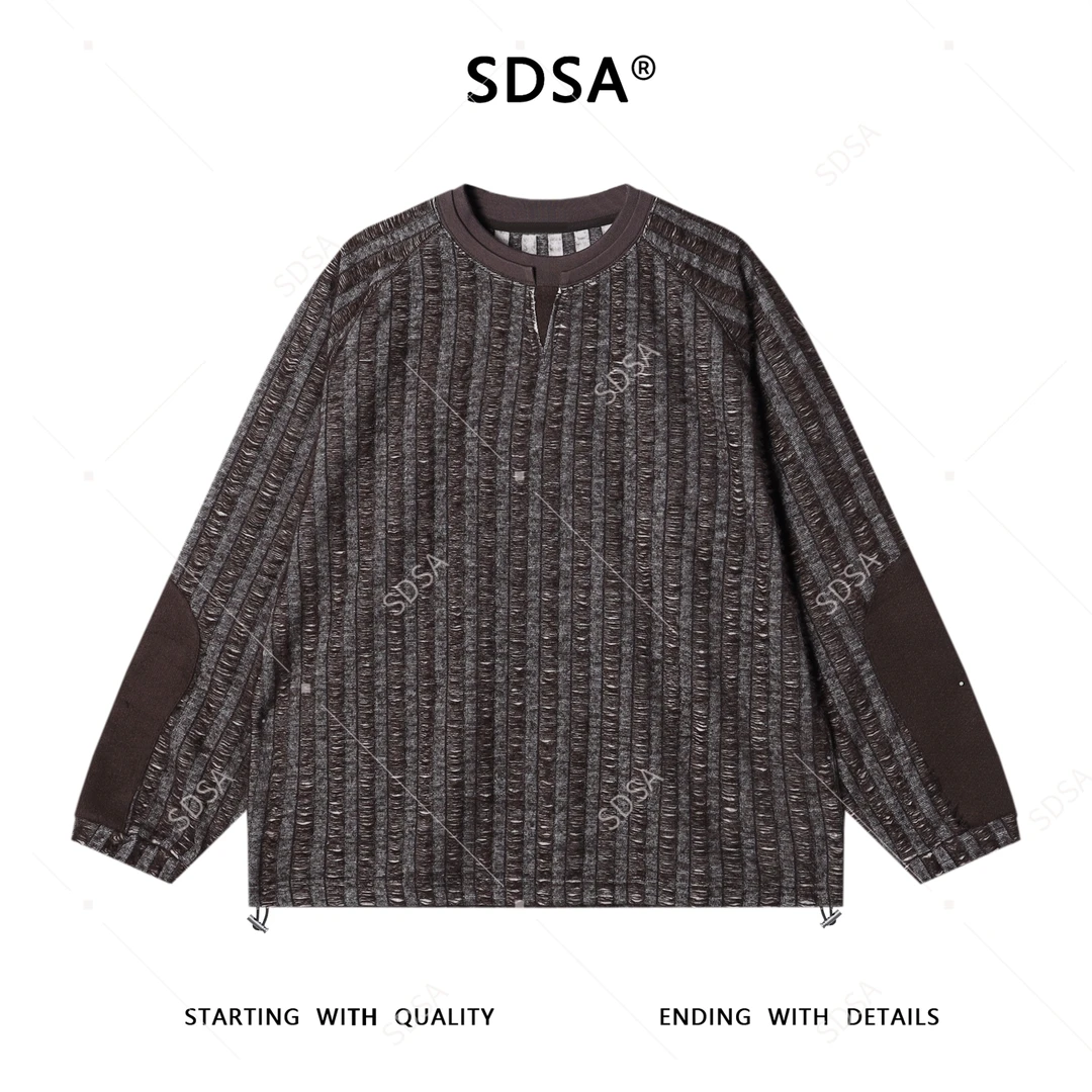 SDSA男士秋冬新款痞帅男装拼接磨破竖纹圆领卫衣下摆松紧设计上衣