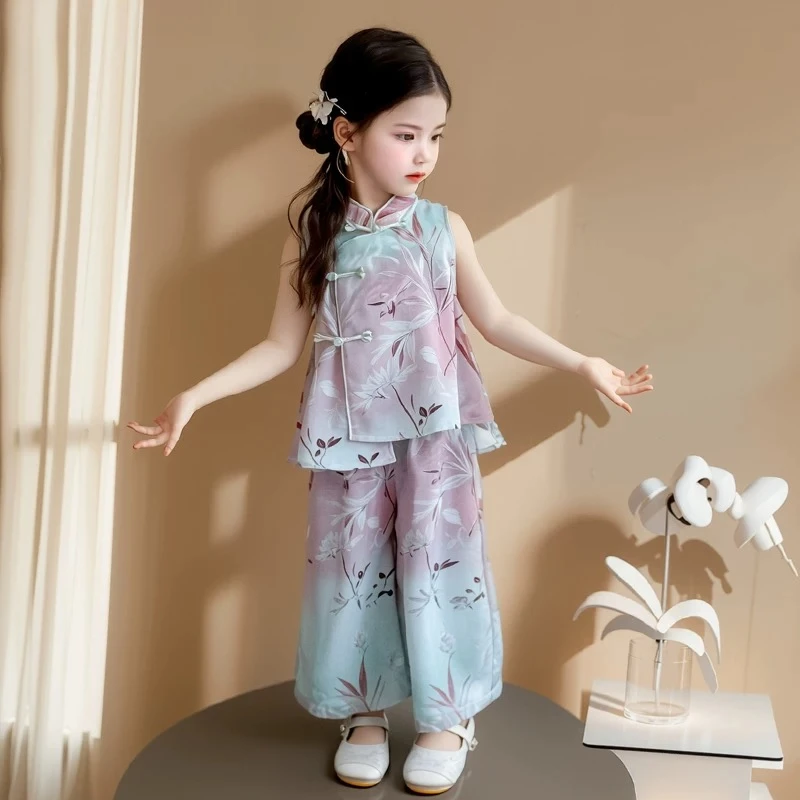 女童夏季套装2025新款女宝宝洋气背心阔腿裤新中式两件套中国风