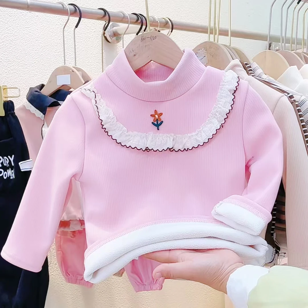 女童加绒打底衫秋冬款2025新款儿童宝宝半高领长袖内搭厚冬装