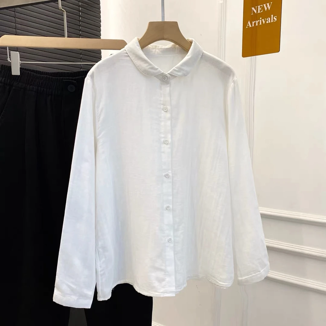 【翻领纯白色长袖磨毛棉衬衫】2269
