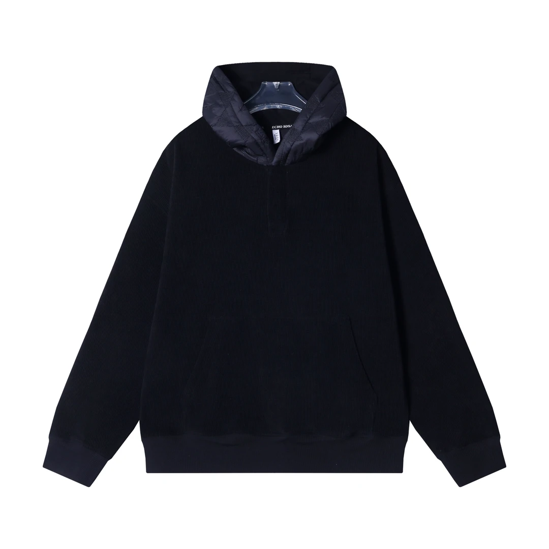 秋冬季新款时尚个性韩版纯色拼接连帽卫衣百搭情侣宽松套头上衣