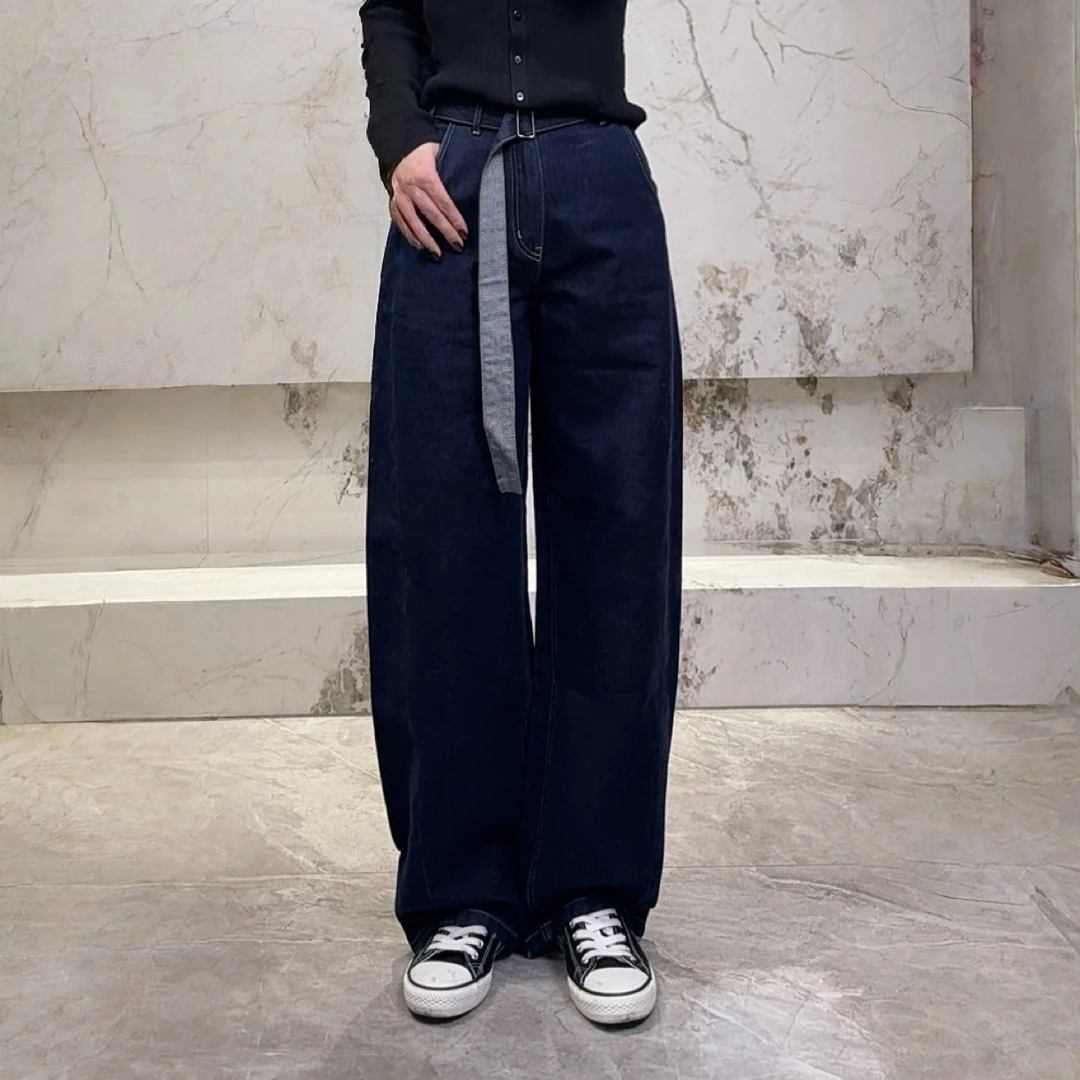 「金子专属」高定制丹宁蓝宽松显瘦遮肉垂顺牛仔阔腿裤