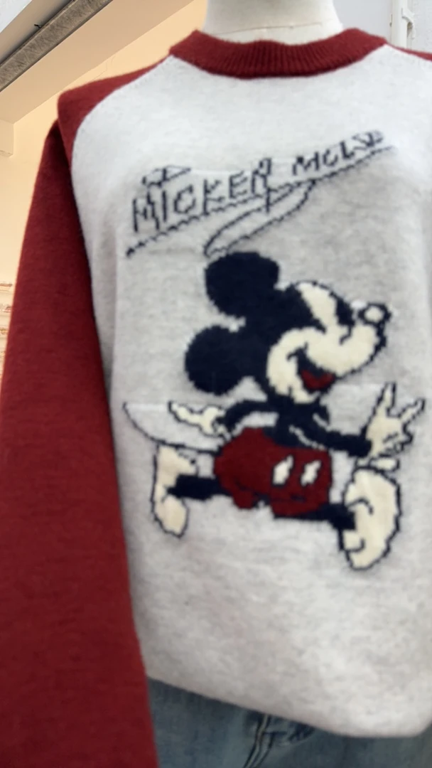 卡通拼色圆领针织衫女秋冬宽松休闲套头毛衣上衣