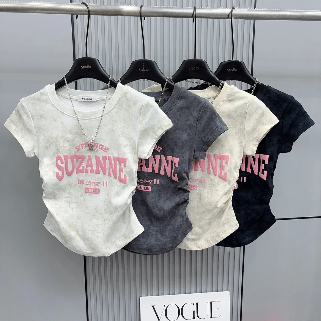 扎染粉色字母短袖T恤2024年夏季显瘦褶皱收腰韩版圆领百搭上衣女