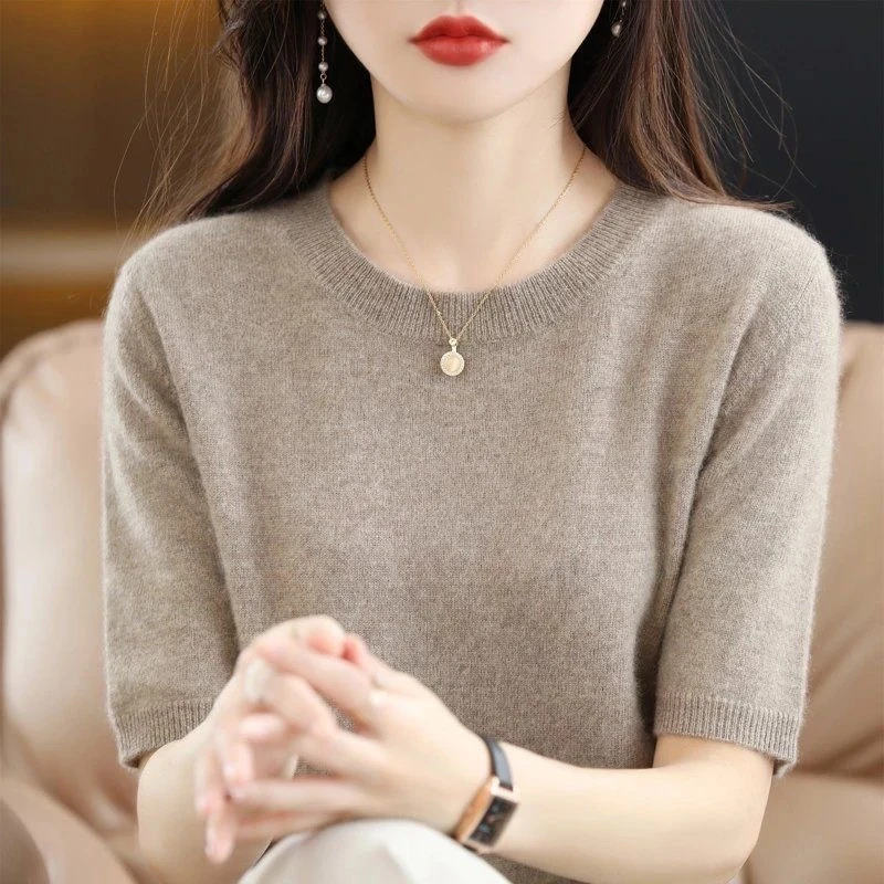 【夏秋可穿】薄款女士圆领气质显瘦百搭女短袖内搭套头纯色打底衫