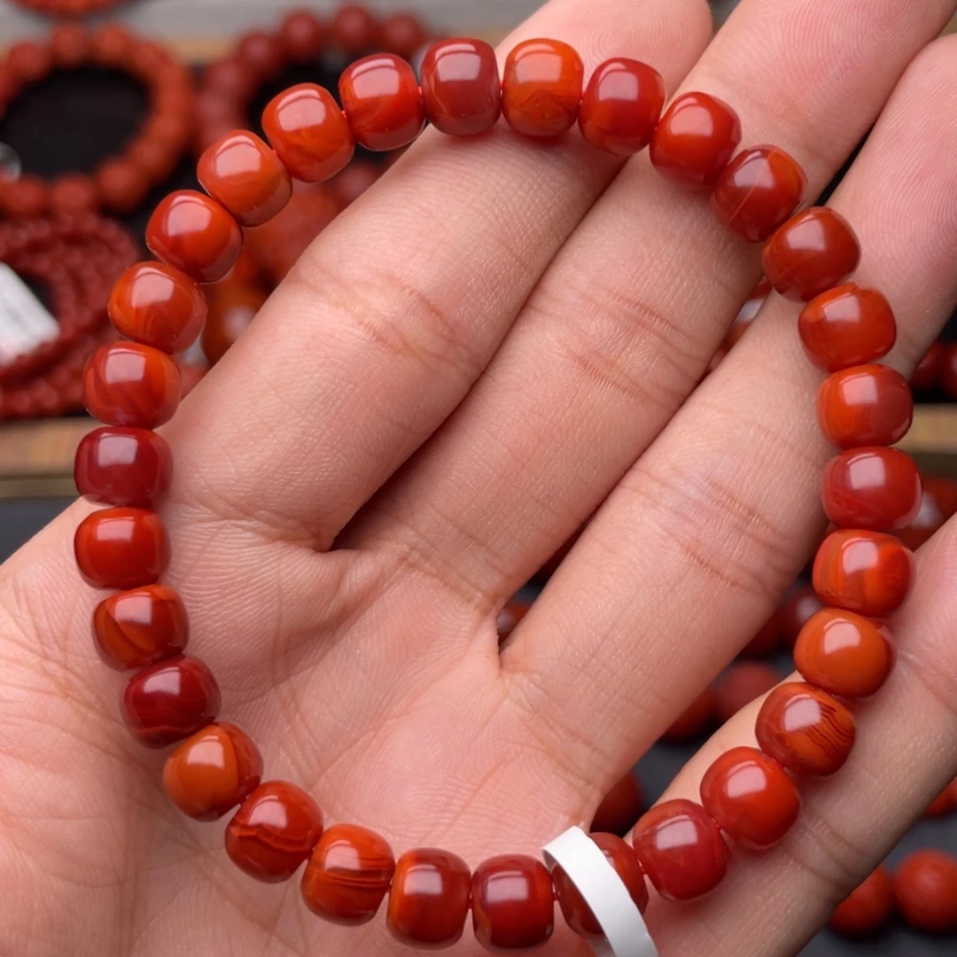 南红玛瑙未镶嵌手串H7.7mm收藏满肉牛血火焰老型手串