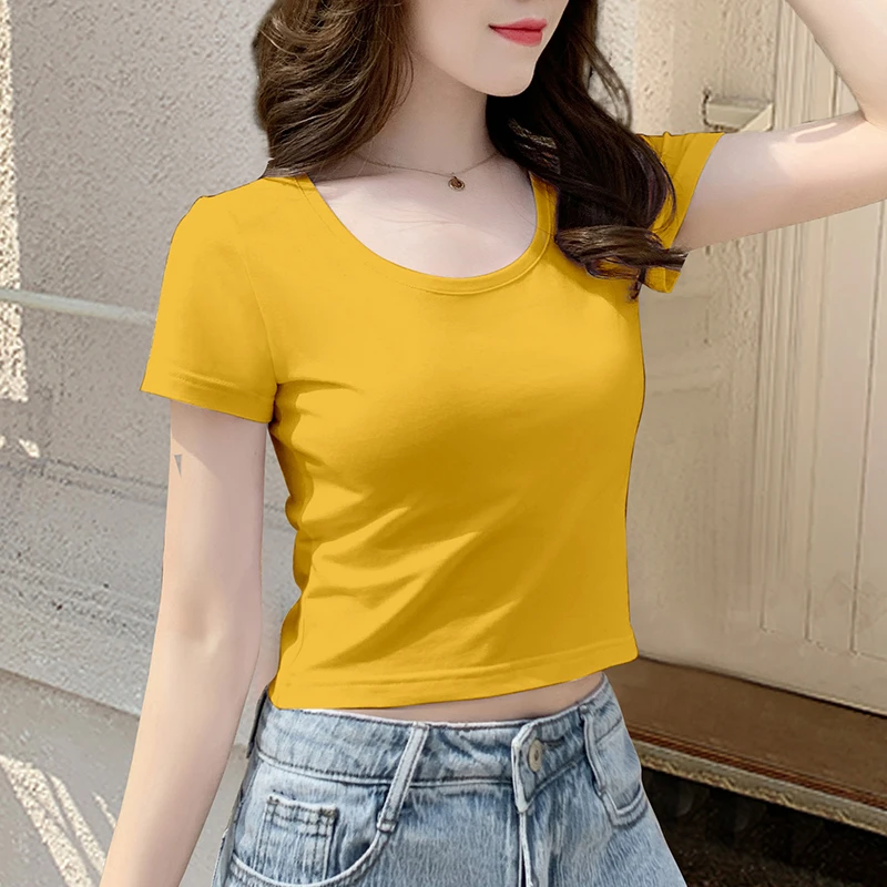 姜黄色短款t恤女短袖修身夏季纯棉高腰正肩露脐上衣潮2025年新款