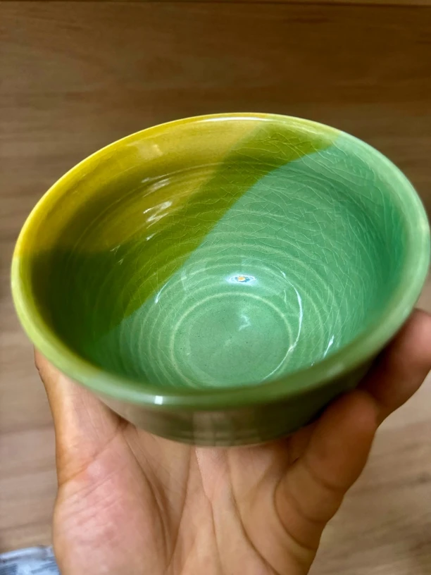 国营邯郸五瓷厂创汇瓷原矿三色绿釉帝王陶瓷黄色绿茶钵碗