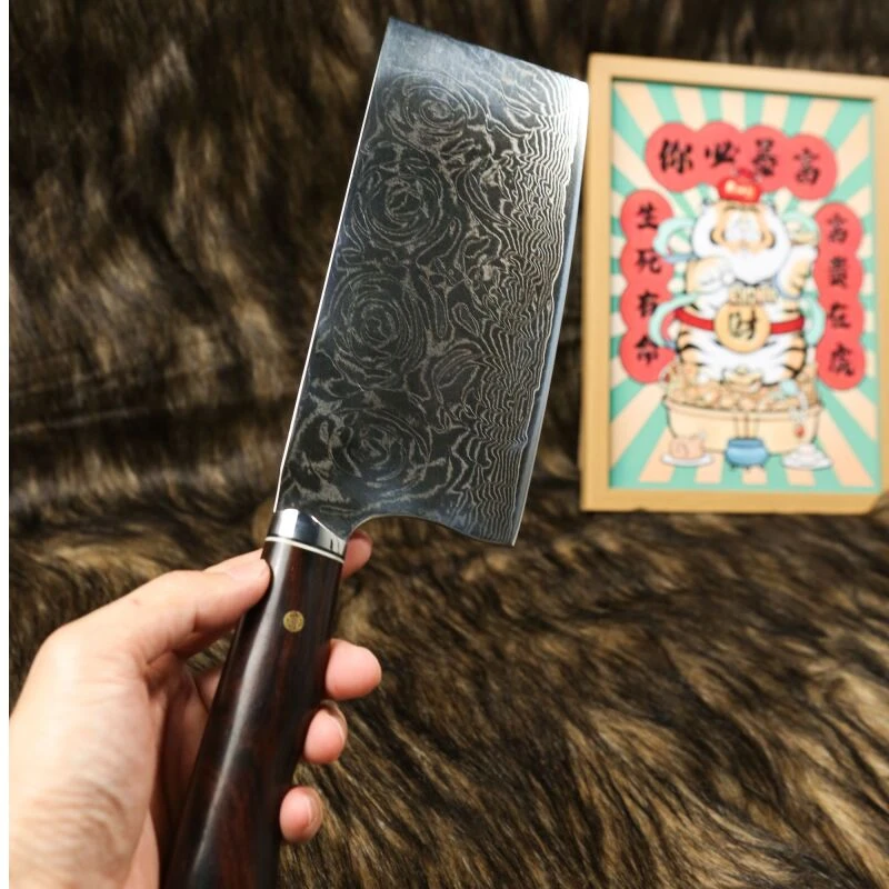 大马士革钢玫瑰纹高档黑檀木中式切菜刀片刀只切正宗大马士革钢刀