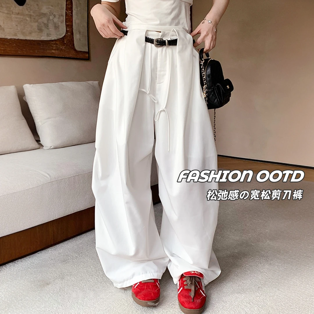 夏季新款美式抽绳松弛感宽松阔腿裤女慵懒高腰显瘦工装剪刀裤