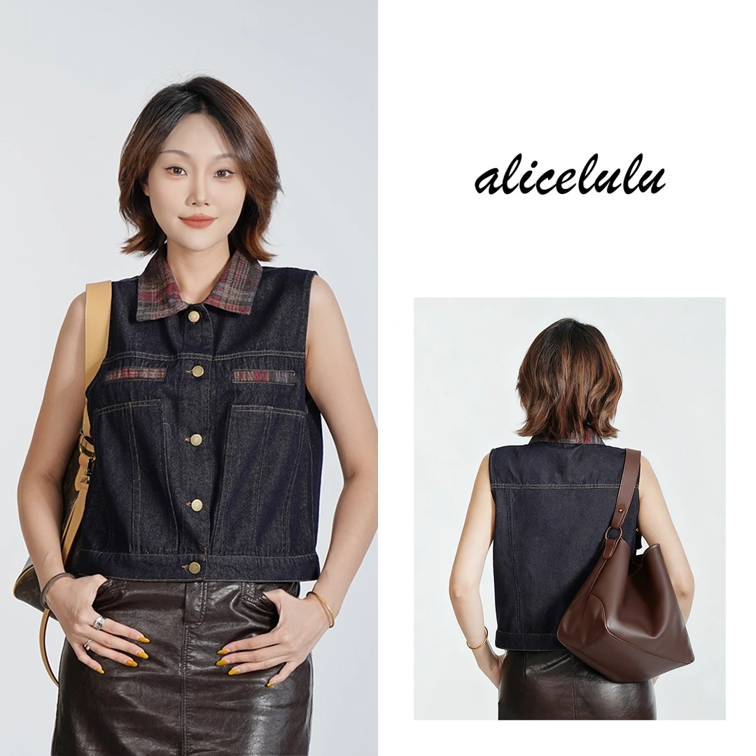 [alicelulu] 复古时尚格子拼接翻领牛仔马甲外套S1035291U
