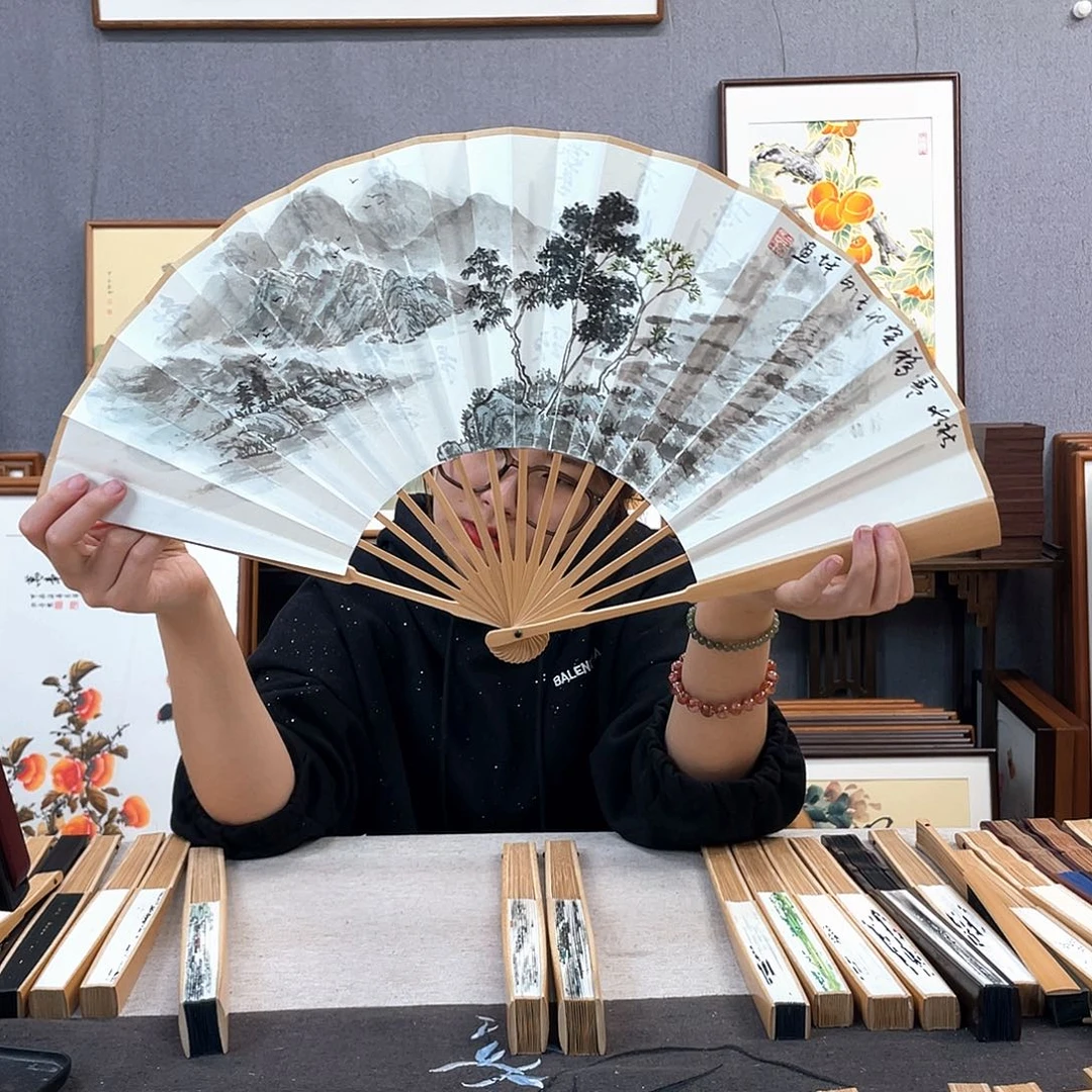 国画10寸玉竹-纯手绘-文玩扇骨（默认粘好）