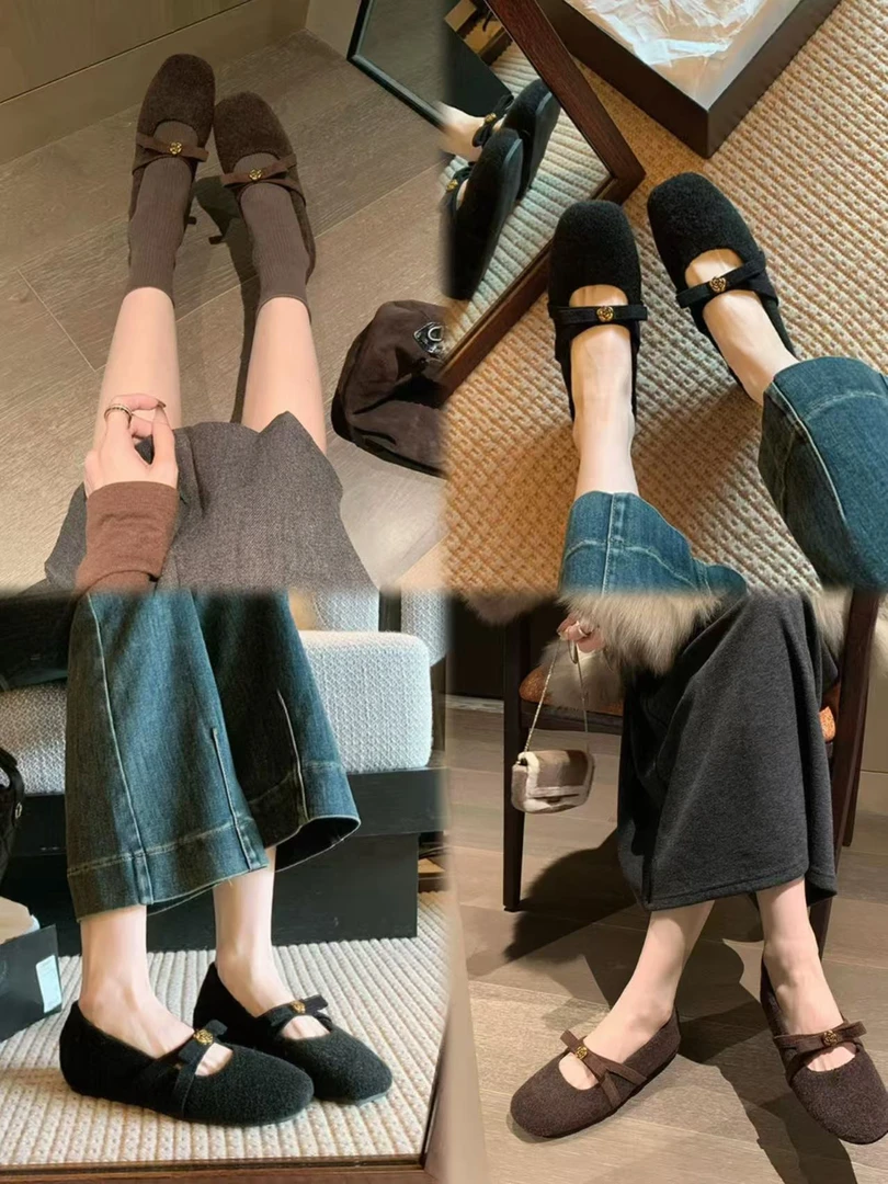 山茶花加绒勃肯玛丽珍鞋女冬2025新款单鞋保暖毛毛棉鞋208-22