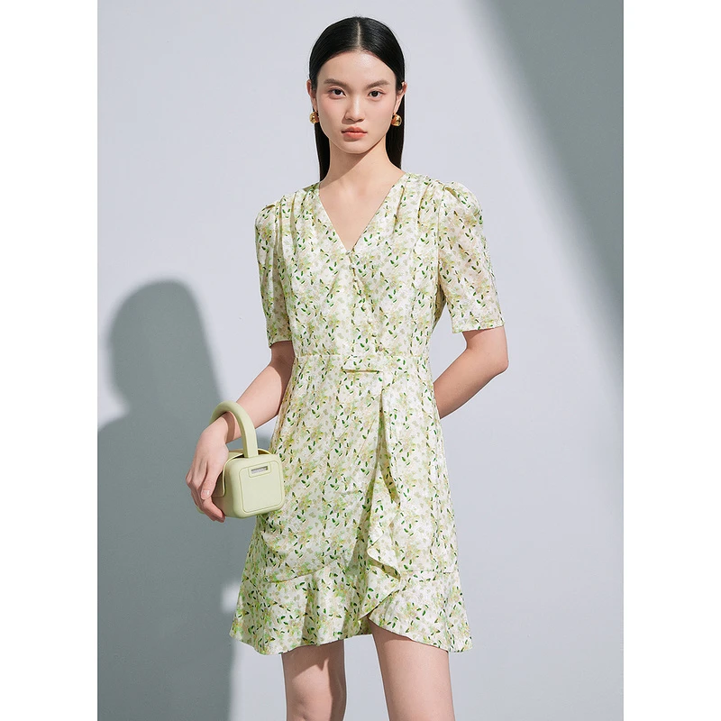 【小余专属】MOFAN摩凡春新款黄色花纹连衣裙MBL361389
