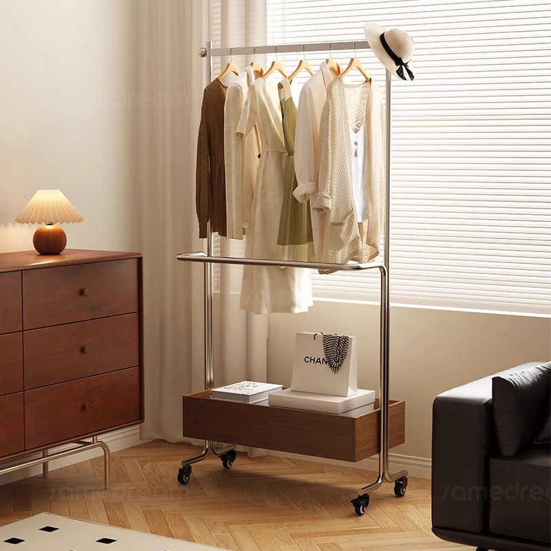 意式轻奢衣帽架落地复古挂衣架家用收纳脏衣篓卧室多功能可移动