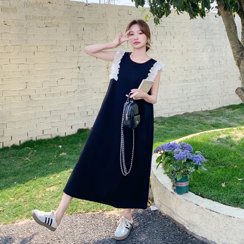 设计感撞色拼接木耳边无袖背心连衣裙女2025夏季新款独特漂亮长裙