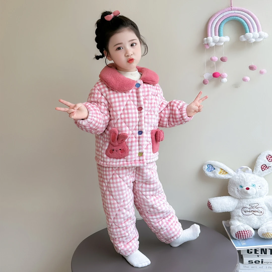 女童格子家居服套装儿童加绒加厚居家两件套小女孩宝宝冬装2025新