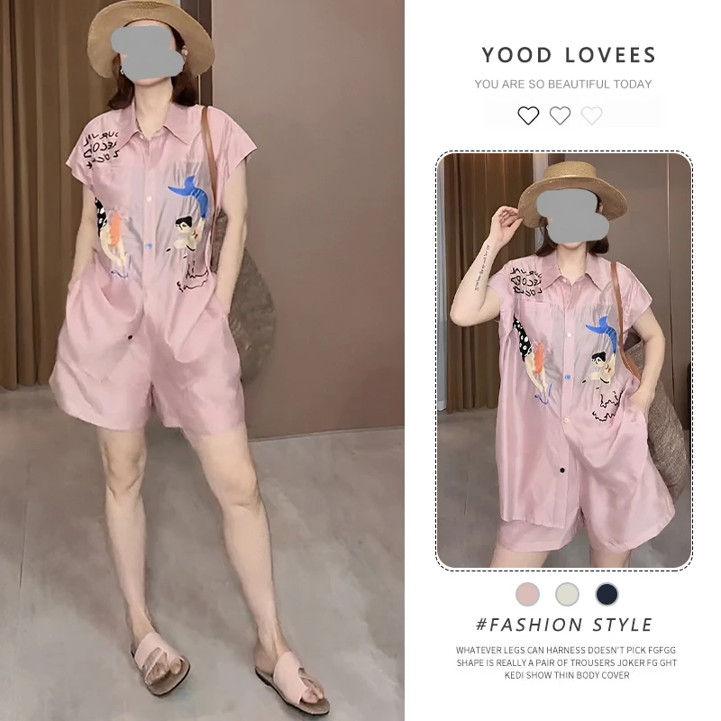 欧洲站2025夏季新款翻领刺绣图案衬衫高腰松紧短裤女士休闲两件套