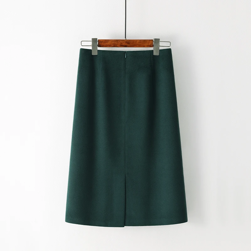 羊毛呢半身裙女秋冬2025新款高腰显瘦中长款开叉a字裙墨绿色裙子
