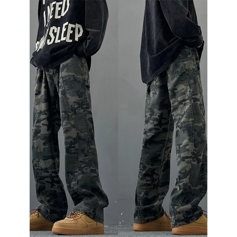 美式迷彩工装牛仔裤男春秋款vibe复古直筒宽松高街微喇休闲长裤子
