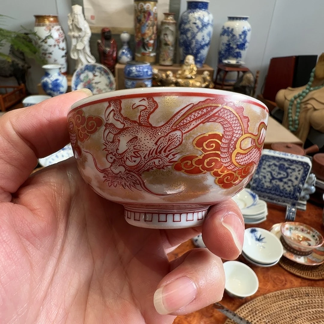 明治九谷赤绘龙纹主人杯