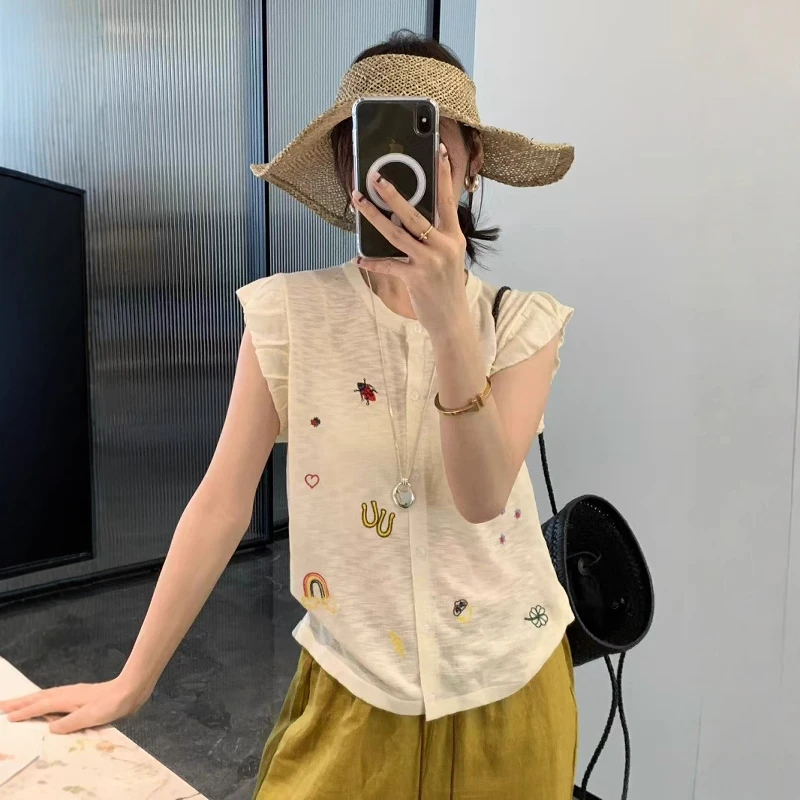 韩版小飞袖短袖针织衫女2025夏季新款提花卡通图案减龄洋气开衫潮